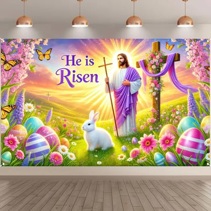BlissYard Happy Easter Banner 71x43 Inch He is Risen Easter Backdrop Spring Christian Cross Lily Jesus Photography Background Religious Party Decorations Photo Banner Booth Studio Props - color: He is Risen Banner#1