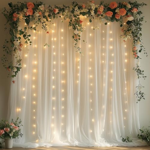 White Tulle Backdrop Curtain with Lights - 10x10ft Sheer Backdrop with 300 LEDs for Wedding, Baby Shower, Bridal Shower, Birthday Party Photo Shoot Background and Home Decorations - color: White, size: 10 x 10 Feet
