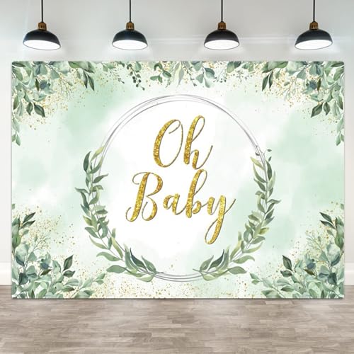 5x3ft Baby Shower Backdrop Oh Baby Greenery Gold Glitter Watercolor Photography Background for Boy Girl Gender Neutral Party Decorations Newborn Photo Booth Props - color: Color 2, size: 5x3ft