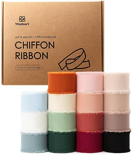 Vitalizart 1" x 75Yd Chiffon Silk Ribbon Mixed Color Ribbons Set 5 Yd x 15 Rolls Fringe Fabric for Wedding Invitations Bridal Bouquets Decorations Gifts Wrapping & Bow Making - color: mixed color 15 rolls