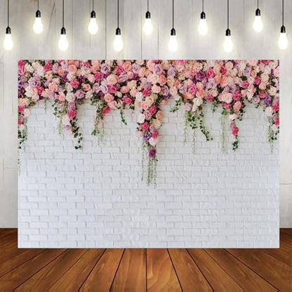 5x3ft White Brick Wall Floral Backdrop with Hanging Flowers – Spring Garden Photo Backdrop for Bridal Shower, Baby Shower, Birthday Party, Wedding Photography Decoration 134 - size: 5x3ft