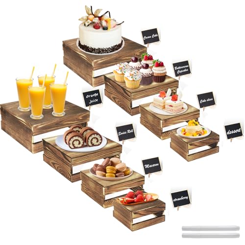 8 Pcs Buffet Risers with Mini Signs, Rustic Wood Cake Stands, Food Risers for Buffet Table, Dessert Display Stand, Wood Crates, Rustic Cake Stand for Party, Wedding, Birthday, Baby Shower, 4 Sizes - color: Rustic Dark Brown, size: 8 Pcs (8.0", 7.0", 6.5",