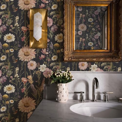 Livebor Dark Floral Peel and Stick Wallpaper Vintage Floral Contact Paper 16.9” x 118.1” Bird Flower Wallpaper Peel and Stick Boho Flower Self Adhesive Removable Wall Paper Decor for Cabinets Vinyl - color: B-Floral, size: 16.9" x 118.1"