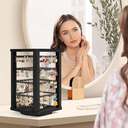 Emfogo 360 Earring Holder Organizer, Rustic Wood Earring Stand, Rotating Wooden Display, 4 Tiers Earring Organizer Stand for Stud Earrings, Hoop Earrings & Necklaces, Women Gifts - color: Black