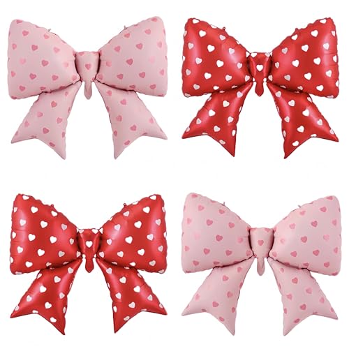 4Pcs Red Pink Bow Balloons Decor 38 Inch/Heart Print coquette Birthday Decorations for Girls Women, Valentines Day, Galentines Party Bachelorette Bridal Shower Wedding Engagement Photo Booth Props - color: Red Pink Heart