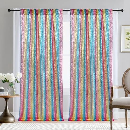 2×8FT-2PCS Rainbow Sequin Backdrop Curtains Panels, Photography Backdrop Glitter Curtains Fabric Background for Wedding Party Decor - color: Rainbow, size: 2X8FT-2PCS