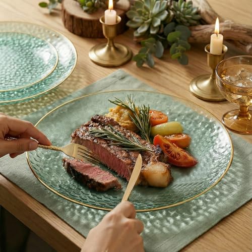 I00000 150Pcs Clear Green Plastic Plates with Gold Rim,Green Disposable Plates,Clear hammer patterned plates Set include 30 Dinner Plate,30 Dessert Plate,90 plastic Silverware Set for Party - color: Clear Green