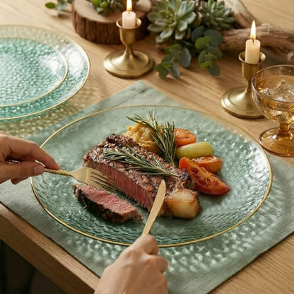 I00000 150Pcs Clear Green Plastic Plates with Gold Rim,Green Disposable Plates,Clear hammer patterned plates Set include 30 Dinner Plate,30 Dessert Plate,90 plastic Silverware Set for Party - color: Clear Green