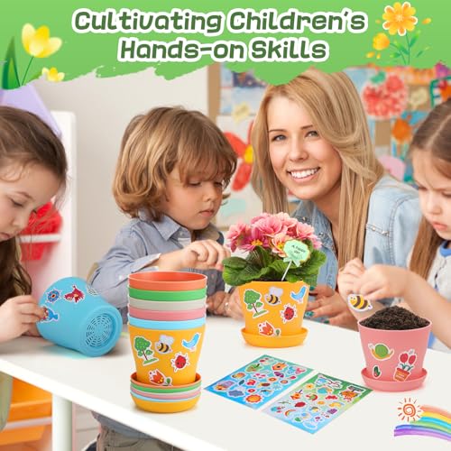 Durable Resin Garden Pot Craft Kit for Kids- 24 Pack Colorful Flower Plant Spring Crafts with Super-adhesive Stickers & Blank Labels School Activities Growing Kit for Classroom Home DIY Gift 4+ years