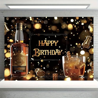 Whiskey Happy Birthday Backdrop Black Gold Glitter Bokeh Background Aged to Perfection Whiskey Birthday Party Decorations Men Supplies Vinyl Photo Booth Prop Cheer Table Decor Banner-8 * 6ft