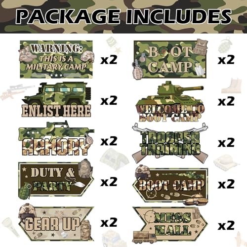 Hooqict 20 Pieces Army Party Sign Camouflage Military Birthday Party Decorations Directional Signs for Boys Men Camo Army Retirement Decorations Welcome to Boot Camp Party Supplies - style: Army