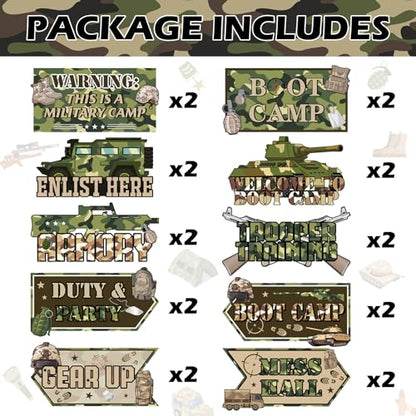 Hooqict 20 Pieces Army Party Sign Camouflage Military Birthday Party Decorations Directional Signs for Boys Men Camo Army Retirement Decorations Welcome to Boot Camp Party Supplies - style: Army