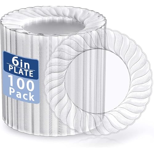U-QE 100 Pieces Clear Plastic Plates-6 Inch Plastic Dessert Plates Disposable - Washable & Reusable - Premium Hard Clear Plates Fancy Disposable Heavy Duty Plastic Plates for Party,Weddings and Events - color: 6Inch-100pcs-Clear