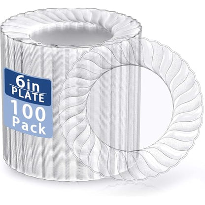 U-QE 100 Pieces Clear Plastic Plates-6 Inch Plastic Dessert Plates Disposable - Washable & Reusable - Premium Hard Clear Plates Fancy Disposable Heavy Duty Plastic Plates for Party,Weddings and Events - color: 6Inch-100pcs-Clear