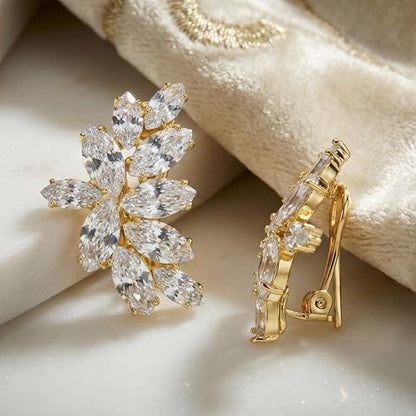 Mariell Clip-On Cubic Zirconia Crystal Bridal Earrings, Marquise Shape CZ Curved Clusters, Women Earrings for Wedding, Bridesmaids, Homecoming, Mother of the Bride - color: Gold Clip On