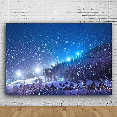 Leowefowa 5x3ft Christmas Backdrop Rustic Village Night View Forest Trees Snowing Shining Lights Blue Sky Winter Xmas Vinyl Photography Background Kids Children Adults Photo Studio Props