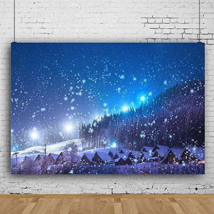 Leowefowa 5x3ft Christmas Backdrop Rustic Village Night View Forest Trees Snowing Shining Lights Blue Sky Winter Xmas Vinyl Photography Background Kids Children Adults Photo Studio Props