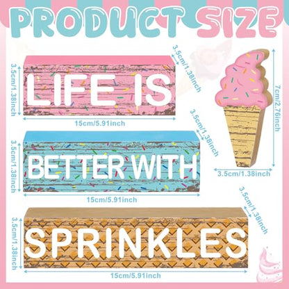Geelin 4 Pieces Summer Ice Cream Table Wooden Decorations Ice Cream Wood Sign Centerpiece Home Decor Bar Party Decorations Blocks Tiered Tray Table Top Sign for Home - style: Ice Cream