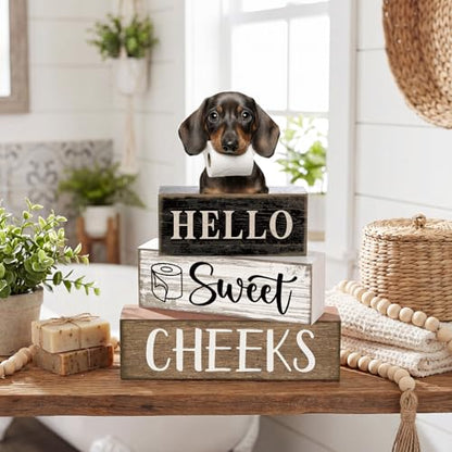Moucuny 4 Pcs Dachshund Bathroom Decor Set Funny Toilet Wooden Tiered Tray Decor Farmhouse Dachshund Centerpiece Rustic Bathroom Shelf Decoration Hello Sweet Cheeks Decoration for Home Office - style: Dachshund