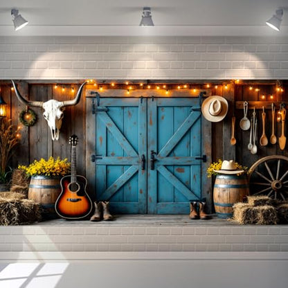 Western Cowboy Backdrop Decorations Wild West Country Farm Rustic Blue Barn Door Saloon Background Rodeo Banner Photoshoot Decor Supplies Photo Props for Kids Birthday Polyester Fabric 13x6ft