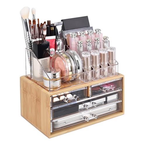 Ikee Design Bamboo Acrylic Makeup Organizer with 4 Drawers and Removable Top Lipstick Holders, Ideal for Make-up or Accessories,Enhance Your Vanity or Bathroom with Clear Design for Quick Visibility - color: 1b) 1 Top 4 Drawers, Bamboo