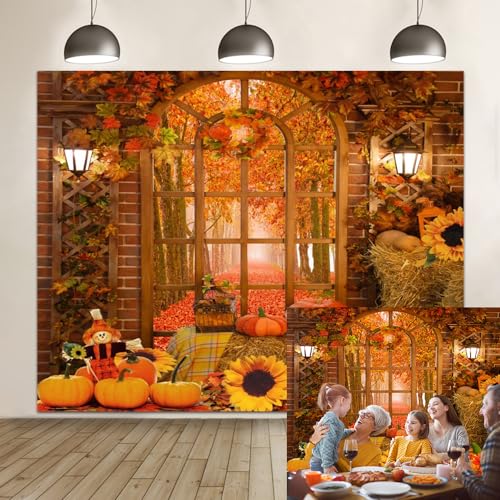 Fall Thanksgiving Backdrop Autumn Pumpkin Harvest Window Backdrop for Photography Background 10x8ft Maple Leaves Forest Haystack Photo Backdrop Kids Baby Birthday Party Portrait Prop Banner - color: NSW12879