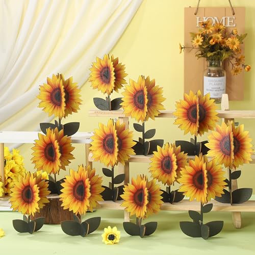 Soaoo 24 Pcs Summer Sunflowers Wood Signs Retro 3D Flowers Table Decoration Rustic Farmhouse Flower Table Centerpiece Multicolor Floral Block Tabletop Signs for Tiered Decor - size: Various Size, style: Sunflower