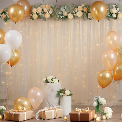 10x10ft Champagne Tulle Backdrop Curtain with Lights String for Parites, Sheer Backdrop Curtains for Wedding Baby Shower Birthday Party Photo Shoot Decorations - color: Champagne, size: 10ft x 10ft(2 Panels 5*10ft)