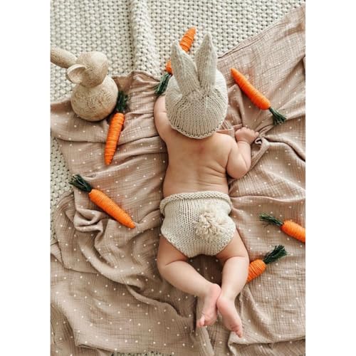 ForBaysy Newborn Photography Props Boy Girl Crochet Bunny Costume Set Baby Photo Shoot Outfits with Rabbit Ear Hat - color: Newborn Bunny Carrot Suit