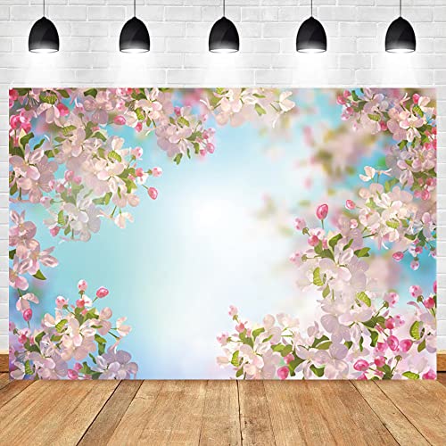 Renaiss 7x5ft Pink Floral Backdrop Romantic Cherry Blossom Blue Sky Sunshine Nature Scenery Polyester Photography Background for Wedding Kids Baby Birthday Party Decor Photo Props - color: WSNWH17782, size: 7x5ft