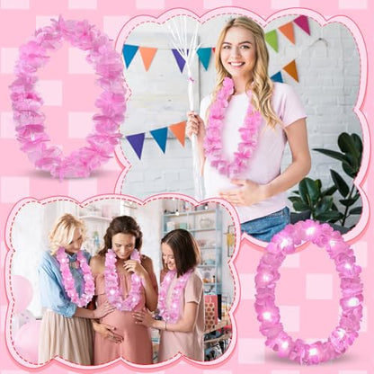 Sherr 24 Pcs LED Light Pink Leis Light up Wedding Hawaiian Leis Flower Necklace with LED Lights Beach Tropical Carnival Party Wedding Supplies Luau for Masquerade - color: Baby Pink