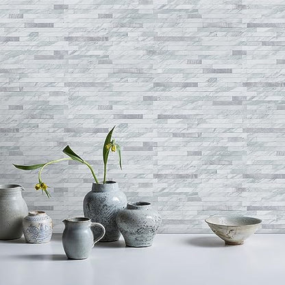 STICKGOO 20 Sheets Peel and Stick Backsplash Tile, Stick on Backsplash for Kitchen and Bathroom, Volakas White Look PVC Mixed Metal Silver Self Adhesive Wall Tiles - color: Volakas White + Metal Silver