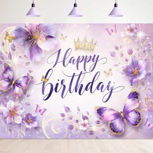 Newsely Purple Butterfly Happy Birthday Backdrop 8Wx6H Photography Lilac Golden Floral Watercolor Flower Crown Princess Background Aesthetic Bday Party Decorations Banner Photo Booth Props Supplies - color: I-Purple, size: 8Wx6H