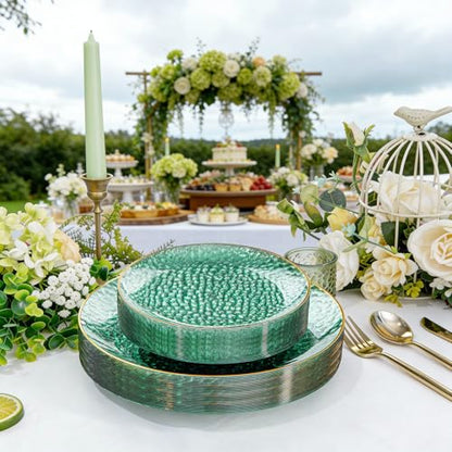 Rubtlamp 60 Green Plastic Plates, Hammered Clear and Gold Disposable Plates, Grenn Disposable Plates Include 30 Dessert Platos, 30 Dinner Platos for Party - color: Clear Green Gold
