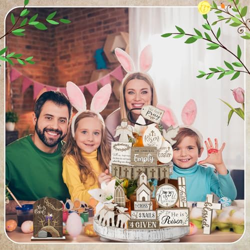 Yuntau 24 Pcs Easter Tiered Tray Decor Religious Easter Decorations He is Risen Cross Tray Decoration Sets Christian Cross Table Wooden Sign Farmhouse Table Decor for Home Kitchen Office Holiday - style: Rustic