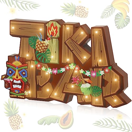 Geetery LED Tiki Bar Sign Wooden Tiki Bar Decor Hawaiian Luau Party Decoration Rustic Table Decorations LED Light Plaque for Aloha Hawaii Tropical Birthday Party Photo Props Patio Home Kitchen