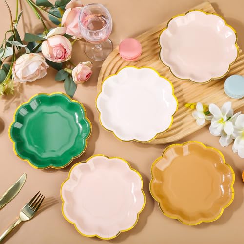 AimFun 48Pcs Woodland Scalloped Party Plates 7 Inch Sage Green Brown Disposable Dessert Plates Gold Foil Border Paper Plates for Birthday Baby Shower Wedding Forest Themed Party Supplies - color: Sage Brown