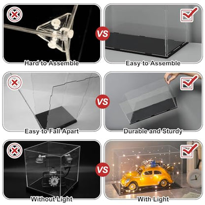 LANSCOERY Acrylic Display Case, 6x6x10 in, Upgraded Thickened UV-Resistant Showcase, 98% Clarity Dustproof Box with Glossy Black Base for Action Figures, LEGO & Models, Includes Scraper & LED Light - color: Black, size: 6x6x10inch; 15x15x25cm