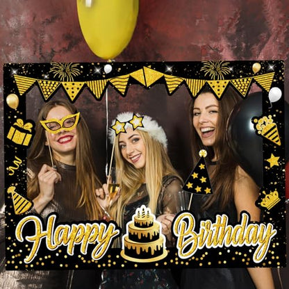 Turypaty Birthday Party Decorations for Boys & Girls - Black & Gold Photo Booth Props & Selfie Frame Set