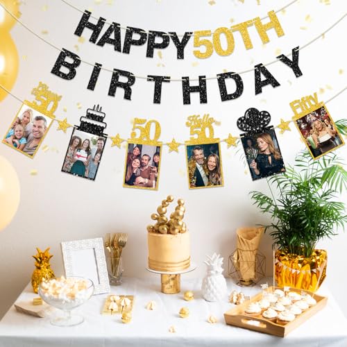 Guiruiy Black Gold 50th Birthday Decorations for Men Women, Pre-strung Glitter Happy 50th Birthday Hanging Photo Banner Party Supplies, Cheers to 50 Years Old Bday Banners - style: Black Gold 50th