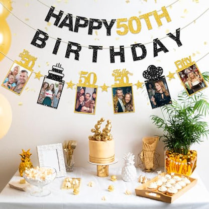 Guiruiy Black Gold 50th Birthday Decorations for Men Women, Pre-strung Glitter Happy 50th Birthday Hanging Photo Banner Party Supplies, Cheers to 50 Years Old Bday Banners - style: Black Gold 50th