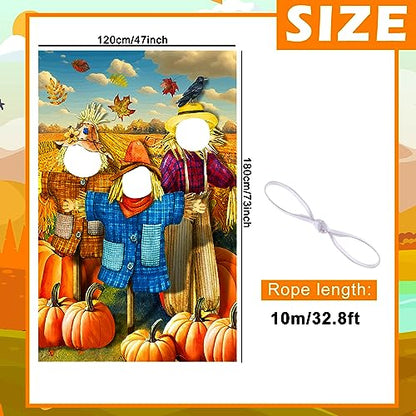 Buryeah Thanksgiving Photography Backdrop Scarecrow Pumpkin Photo Halloween Background Fall Backdrops for Photography Autumn Party Photo Props with Head Cutout Banner with 10 Meter Rope 73 x 47''