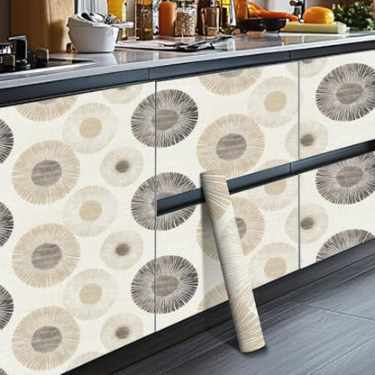 HOMETITUTE Wallpaper Peel and Stick Neutral Beige Geometric Circle Burst Contact Paper Wall Paper Stick 17.7" x 118.1" Self Adhesive Removable Vinyl Wall Covering Bedroom Kitchen Bathroom Home Decor - color: Beige Geometric Circle