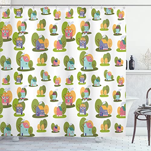 Ambesonne Cartoon Shower Curtain, Repetitive Houses and Trees Continuous Pattern on a Plain Background, Cloth Fabric Bathroom Decor Set with Hooks, 69" W x 70" L, White Pale Olive Green - color: White Pale Olive Green, size: 69" W x 70" L