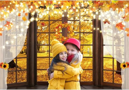 Hilioens 12x8ft Fall Windowsill Backdrops for Photography Autumn Forest Scenery Background for Photoshoot Maple Leaf Natural Scenery Banner Decoration Party Supplies Photo Studio Booth Props - size: 12'×8'