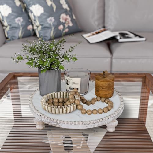 MAONAME Farmhouse Wood Riser for Display, Decorative Pedestal Stand for Kitchen Counter, Rustic Round Beaded Wooden Display Tray for Home Decor, Short and Tall Footed, 11.87 Inch
