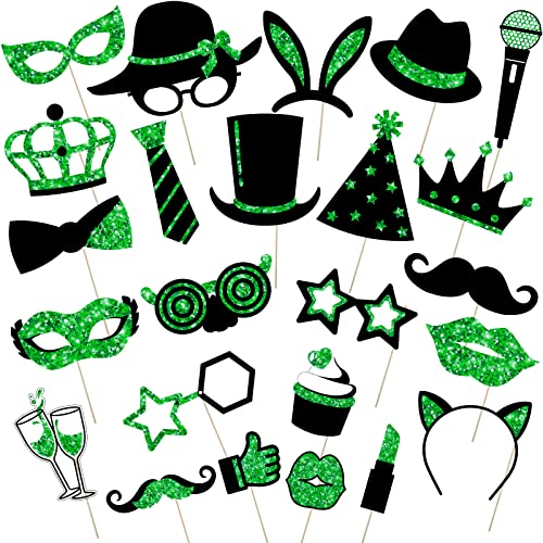 Zonon 24 Pcs Funny Photo Booth Props Class of 2026 Graduation Birthday Wedding Family Class Reunion Prom Disco Party Celebration Decoration Supplies Mix of Hats, Lipstick, Tie(Green and Black) - color: Green and Black