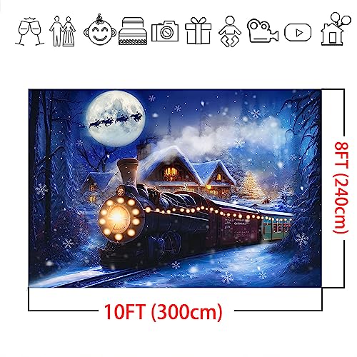 Mocsicka 10x8ft Christmas Train Backdrop for Photography Winter Train Xmas Snow Night Railway Party Background Wonderland Snowflake Portrait Photo Studio Props - size: 10x8ft