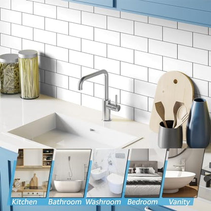 Art3d 102-Piece Peel and Stick Wall Tile for Kitchen Backsplash, Bathroom, Fireplace, 3in. × 6in. Stick on Subway Tile, Glossy White - color: Glossy White