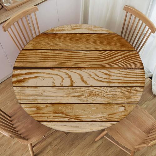 Elastic Edge Round Tablecloth, Brown Old Wood Texture Background Rustic, Polyester Cover for Picnic, Indoor Kitchen, Camping Events, Fit for Diameter 28.2"-32.1" Round Table - color: Wood Texture -1, size: 32.1" (Round)